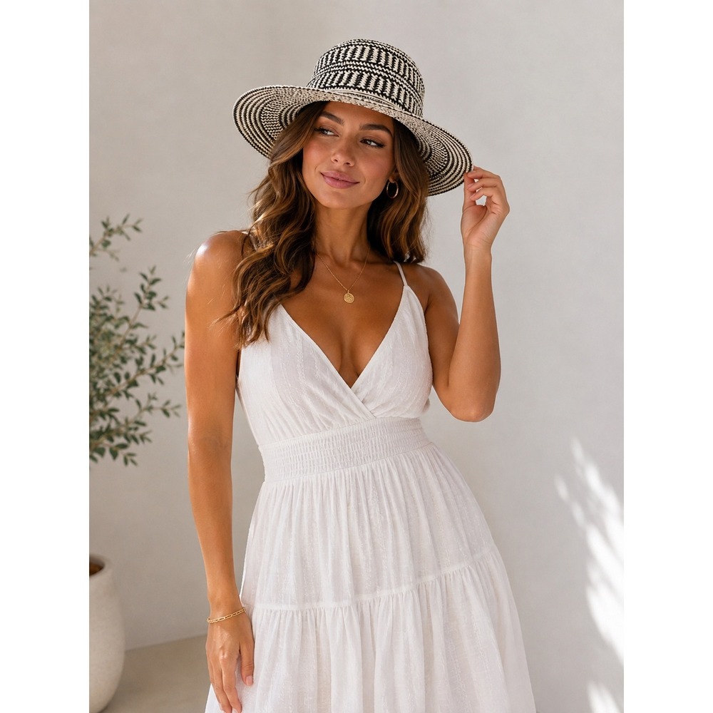 Women's Black White Woven Wide Brim Sun Hat Summer Beach Resort